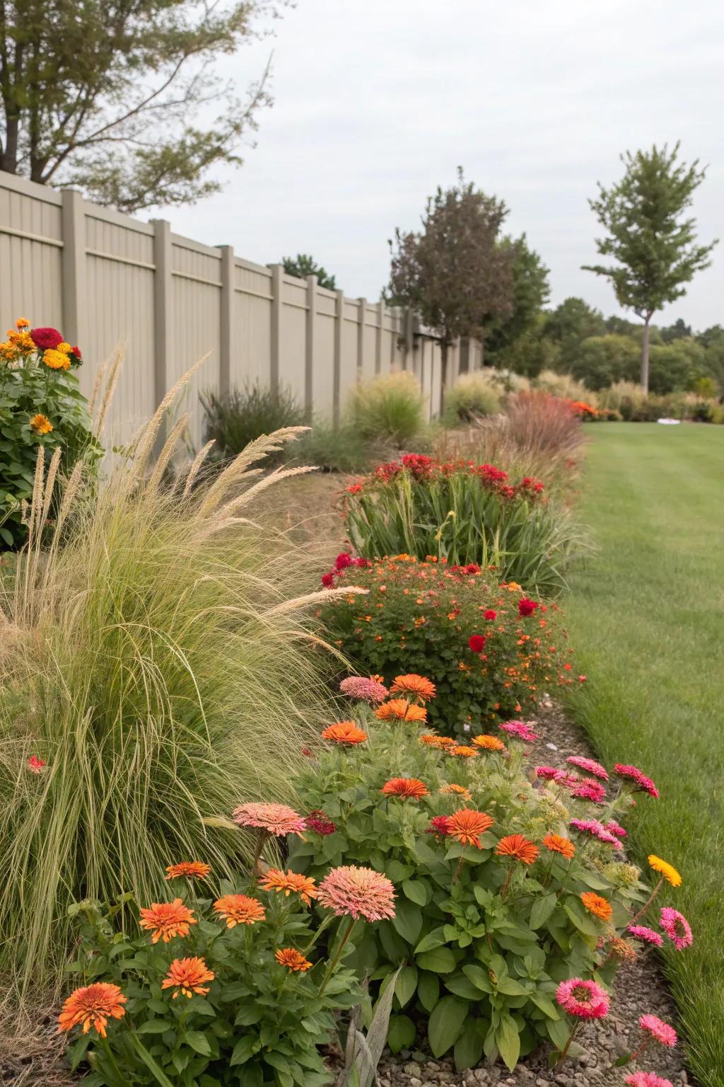 A minimal-upkeep garden featuring blossifys alongside succulents and grasses.