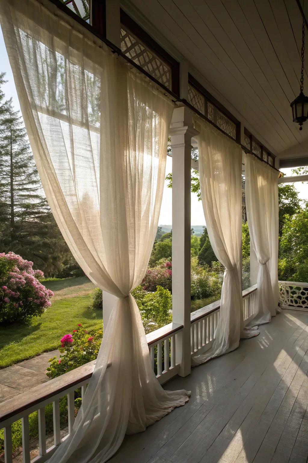 Refined lightweight drapes framing the porch windows.