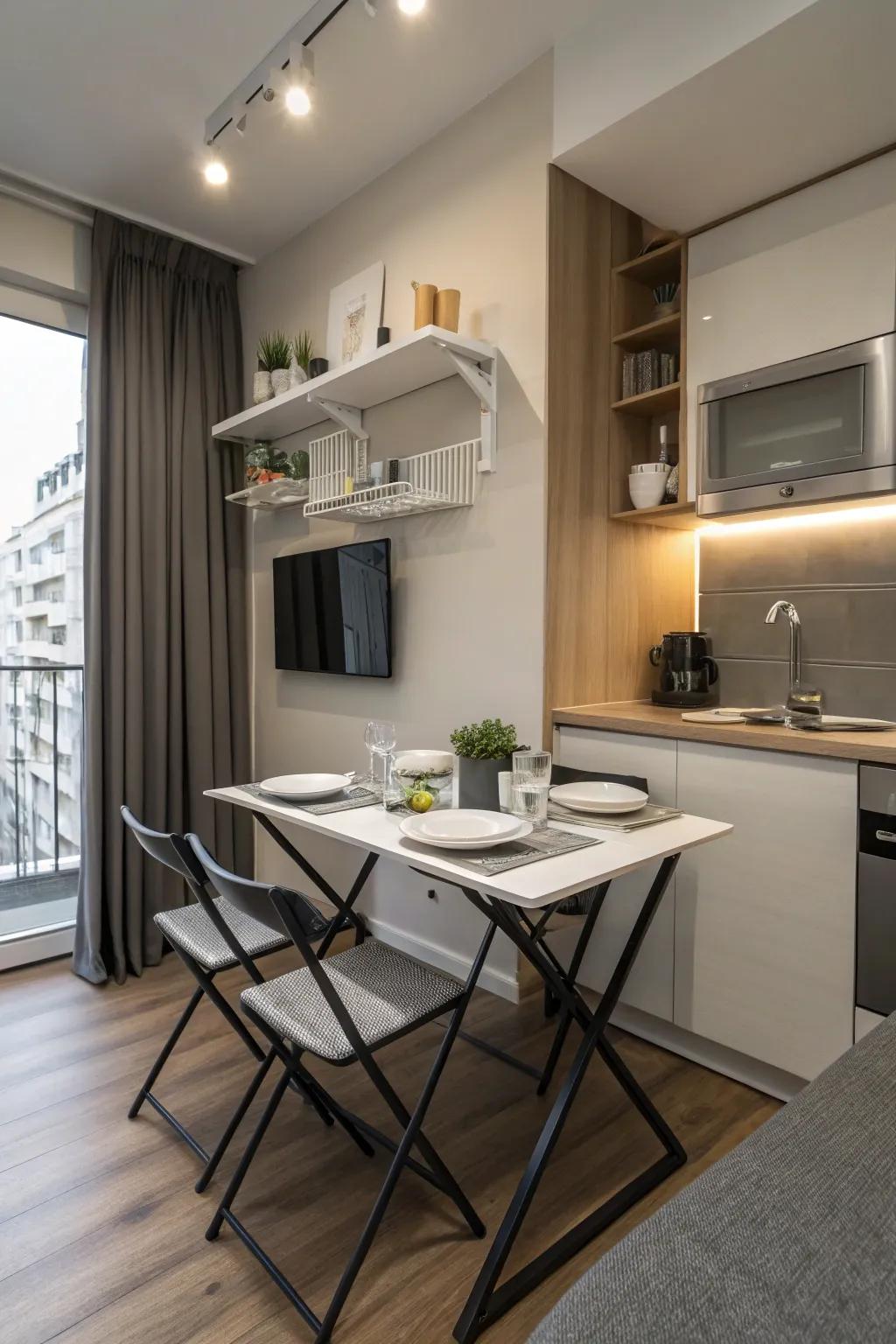 A collapsible dining surface introduces versatility to your compact studio living.