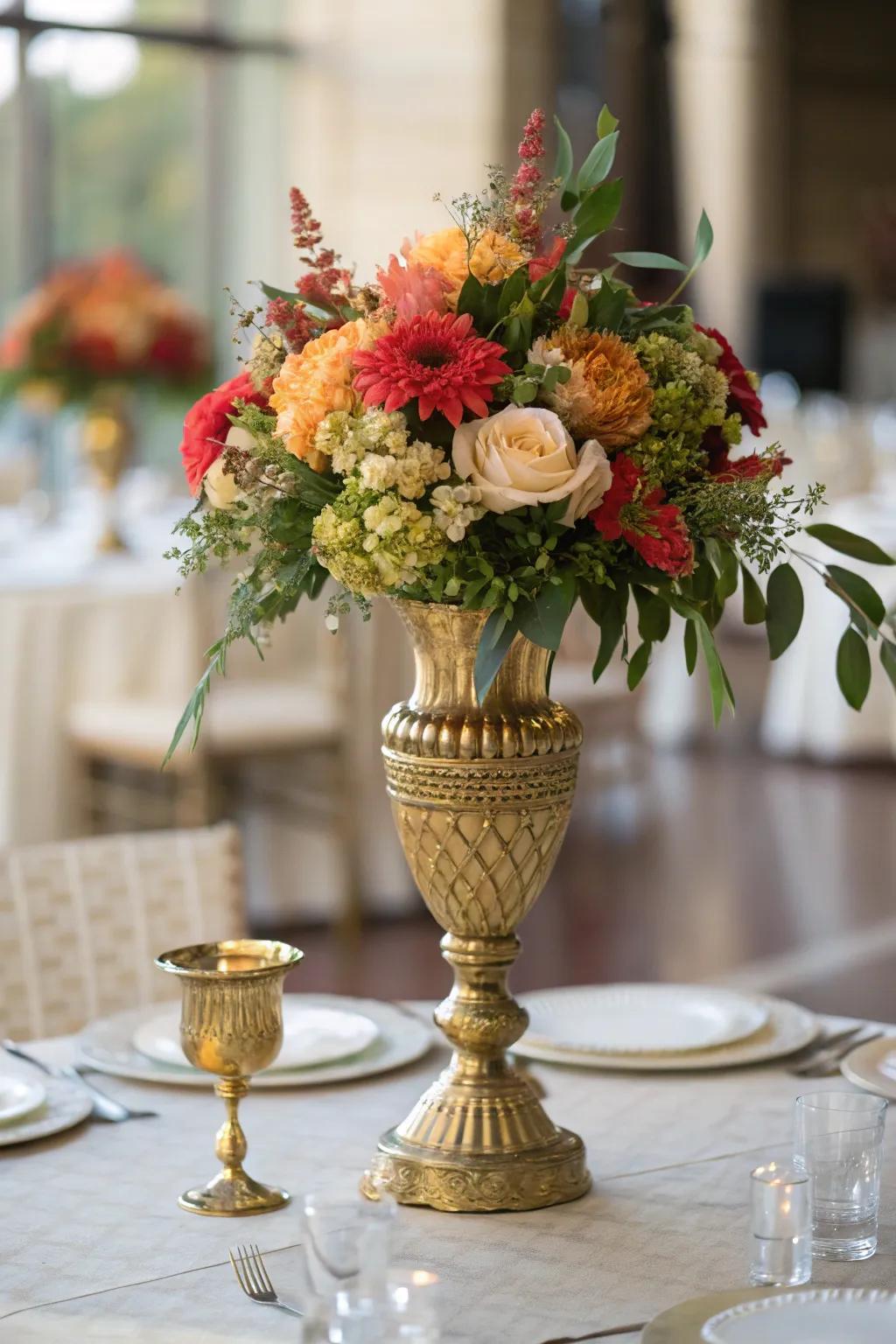 A stunning centerpiece pairing gold and floral components.
