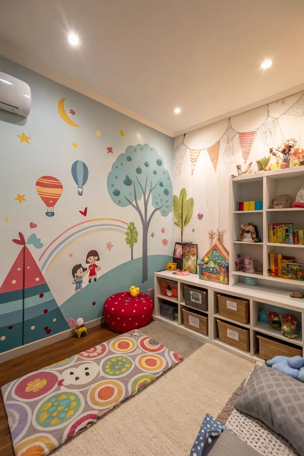 An enchanting bedroom with a captivating mural.