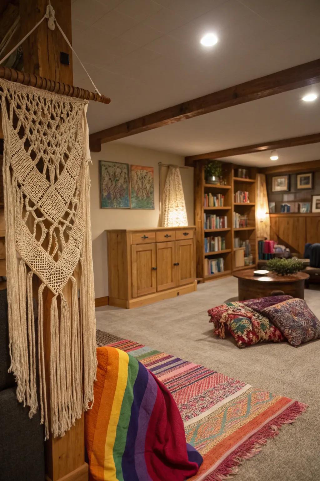 Macramé and textiles extend a bohemian flair.