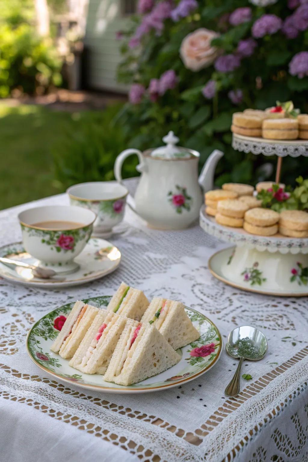 In a charming garden, an elegant tea party setting is set up.