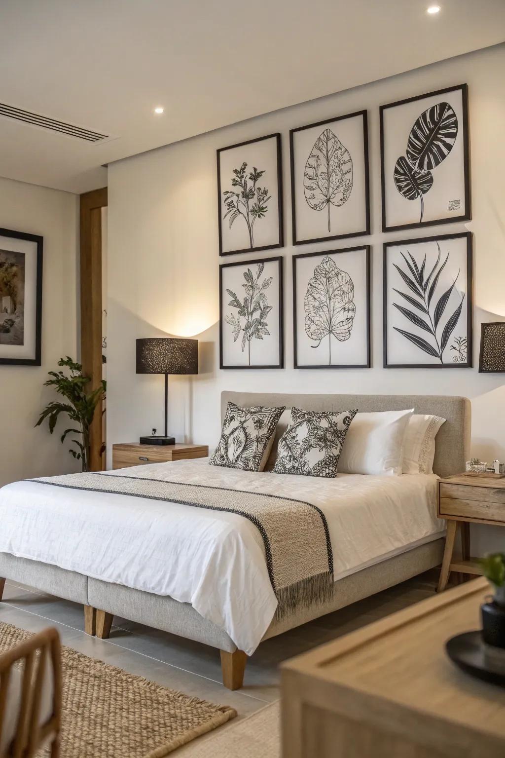 Simple art adds a classic touch above the bed.