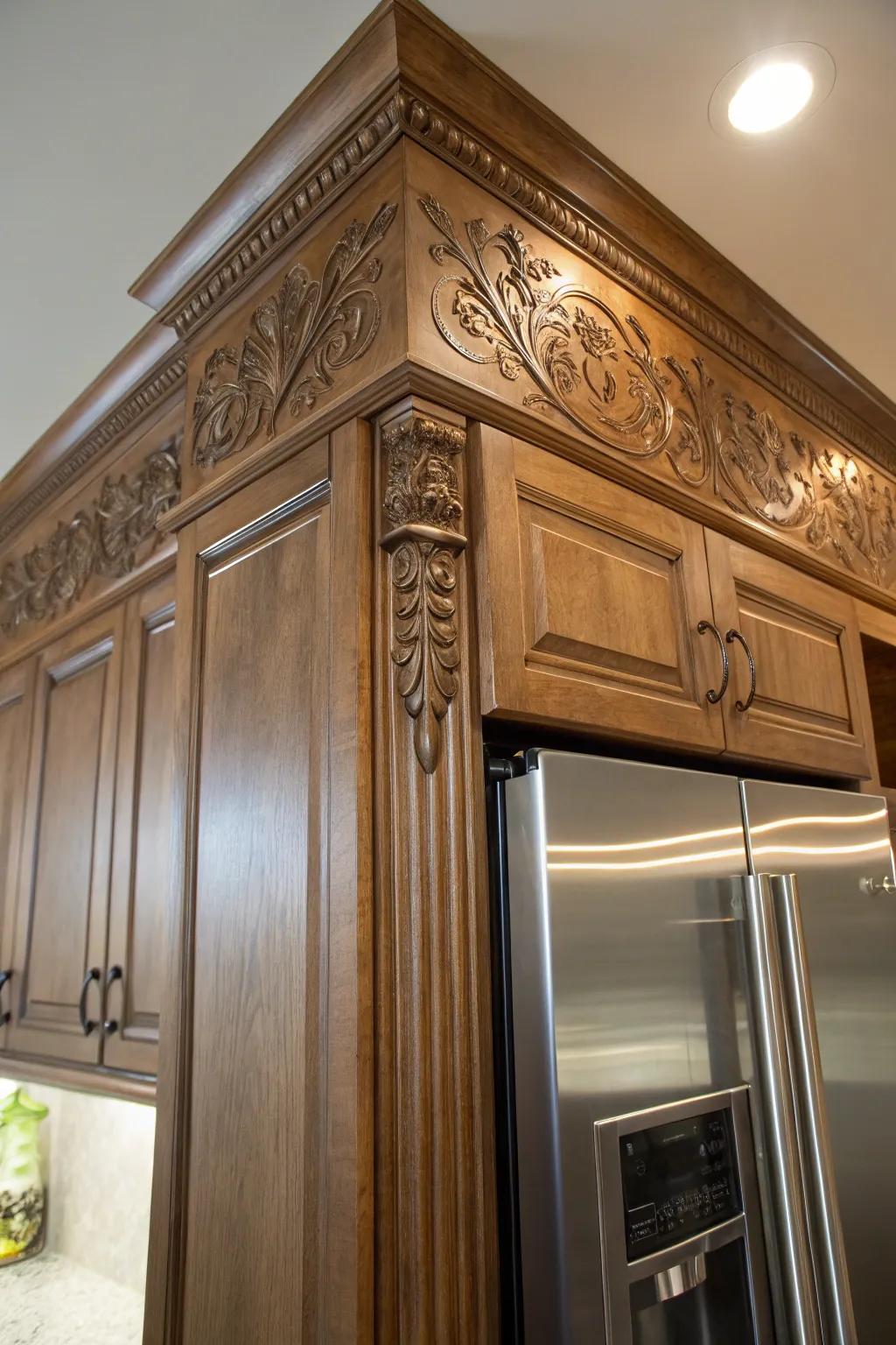 Decorative accents enrich kitchen cabinetry with elegance and flair.