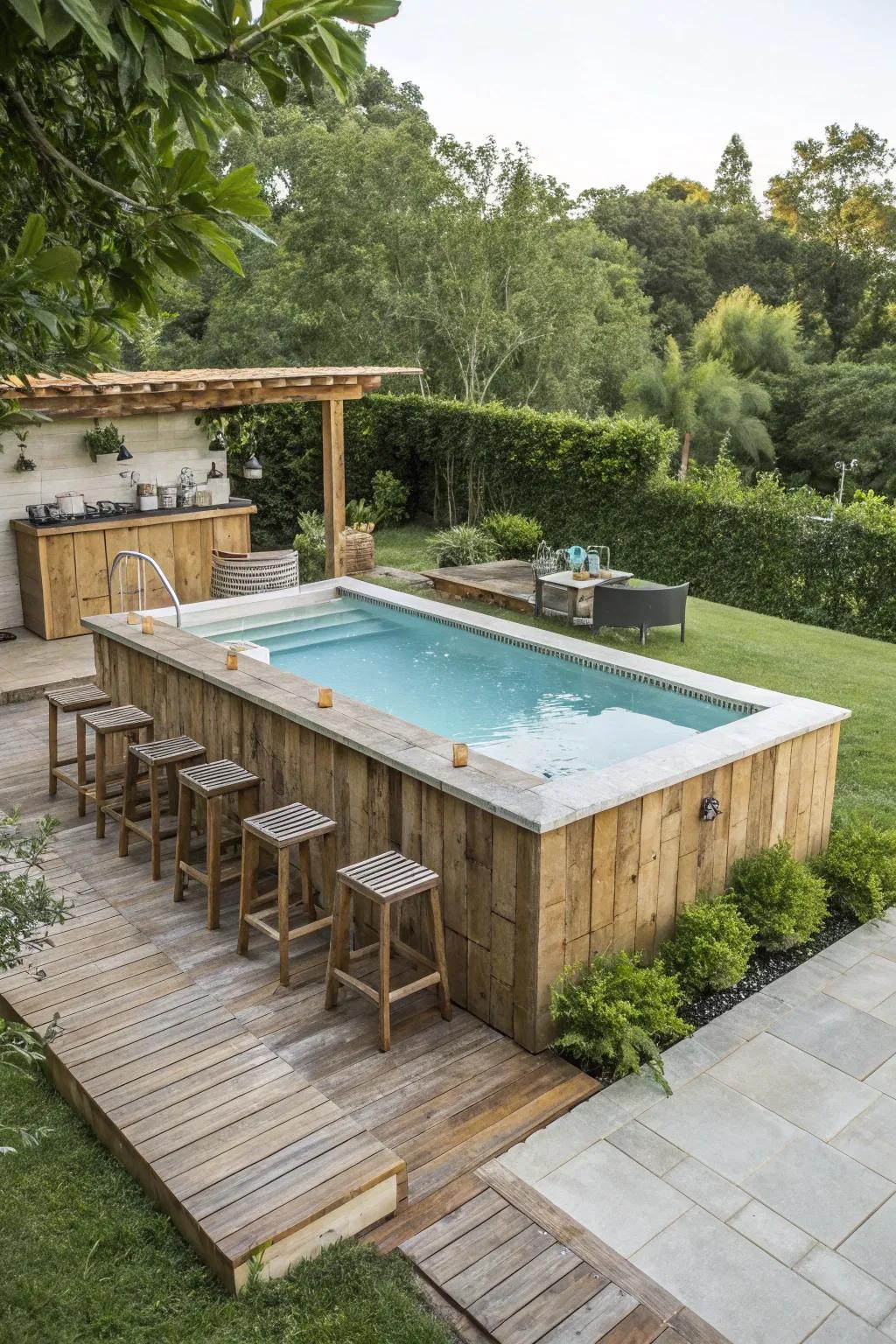 Sustainable materials make for a stylish and eco-friendly poolside bar.
