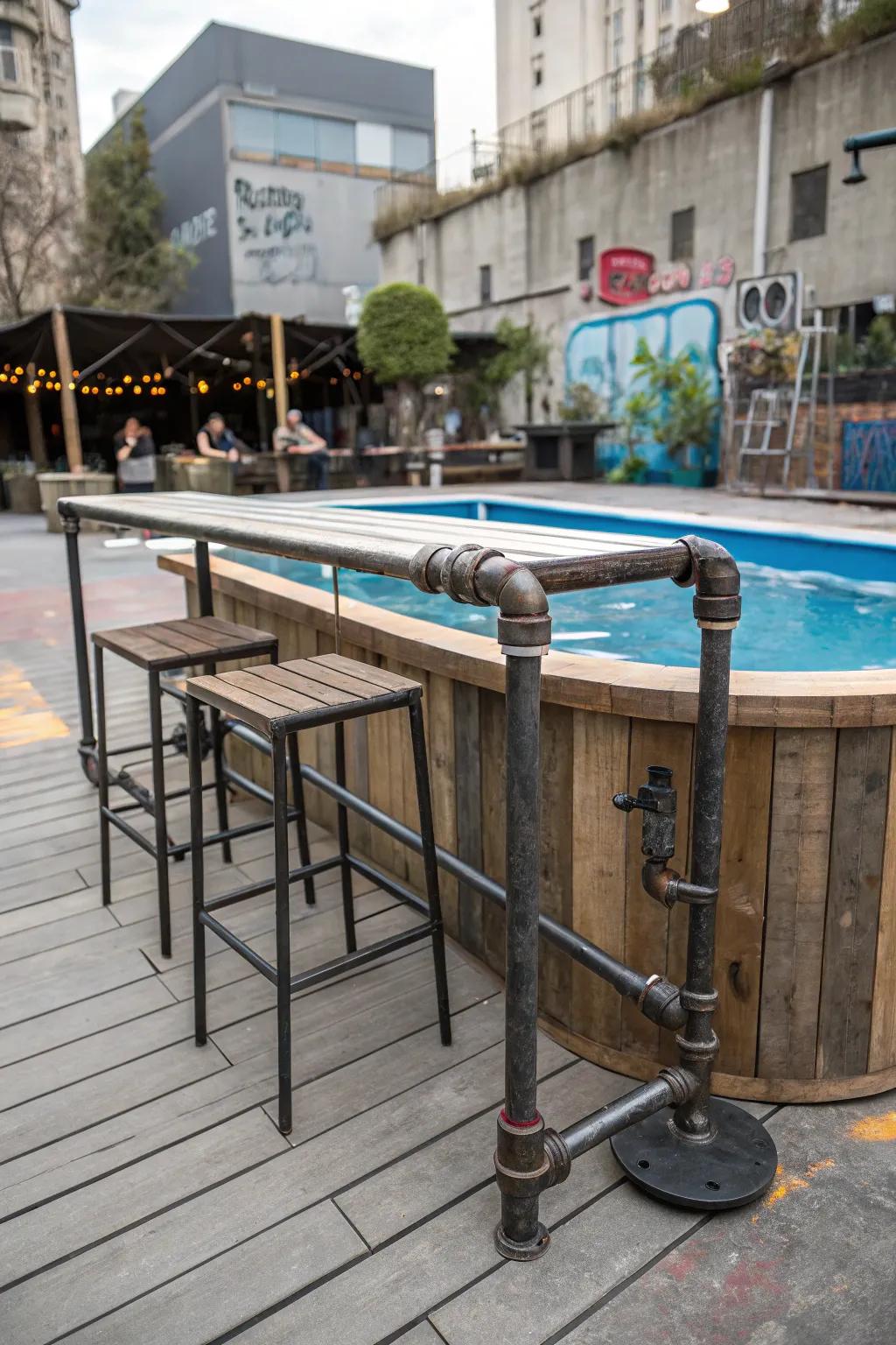 An industrial pipe bar table brings an urban-chic vibe to your poolside.