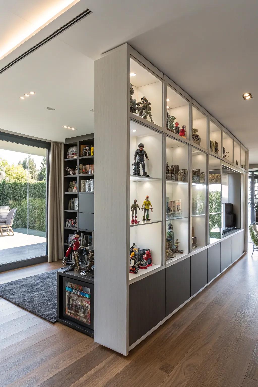 Quarter separators incorporating shelves furnish function and presentation collectively.
