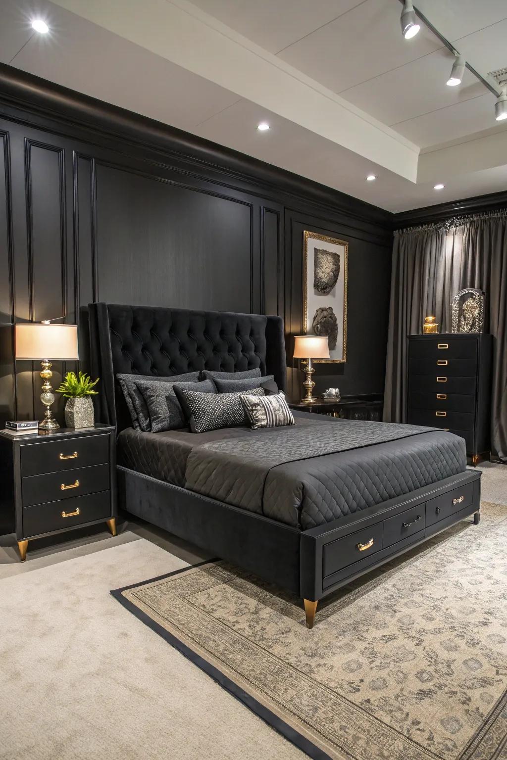 A dark-themed boudoir featuring tasteful and contemporary furniture.