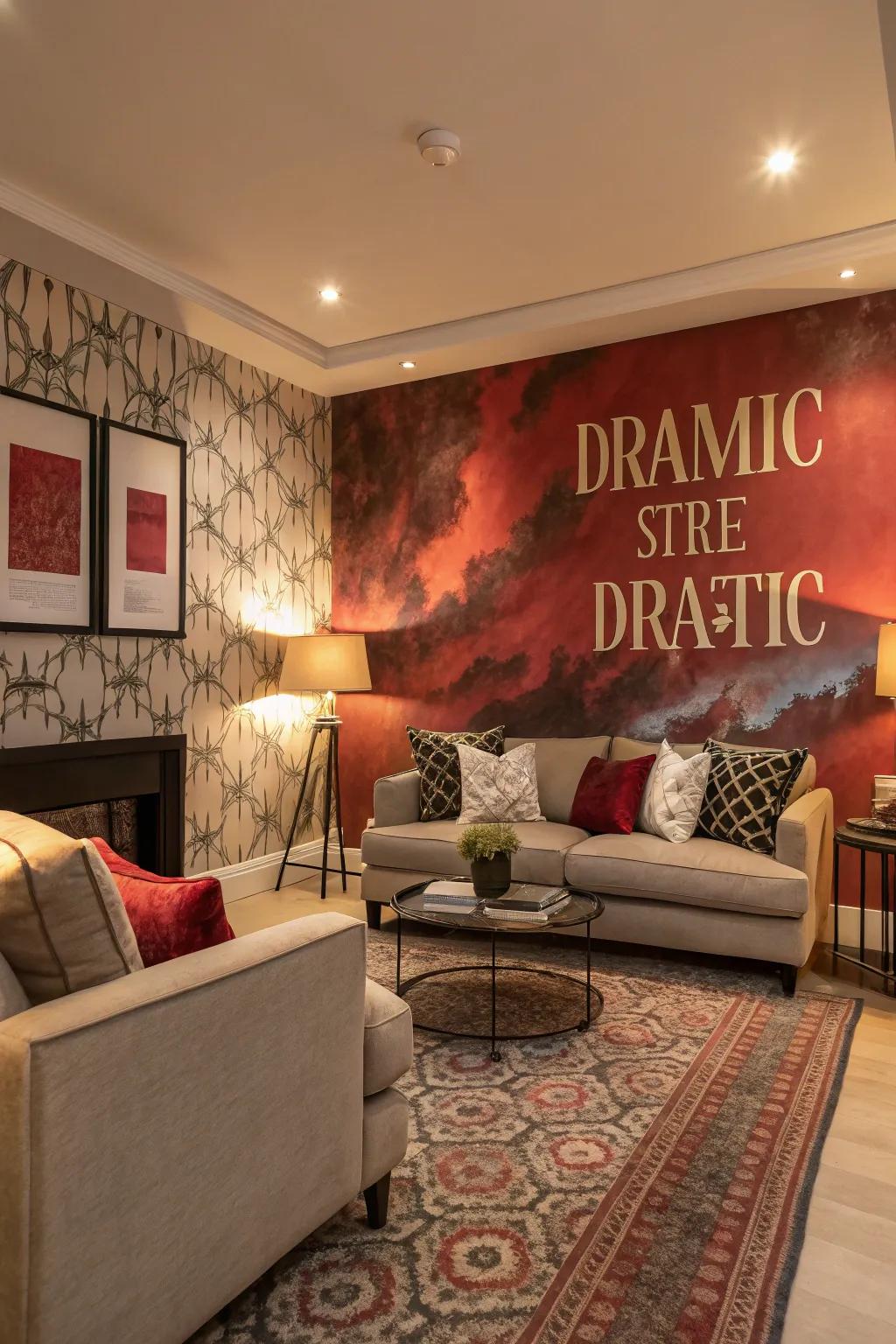 A living room with a striking statement wall.