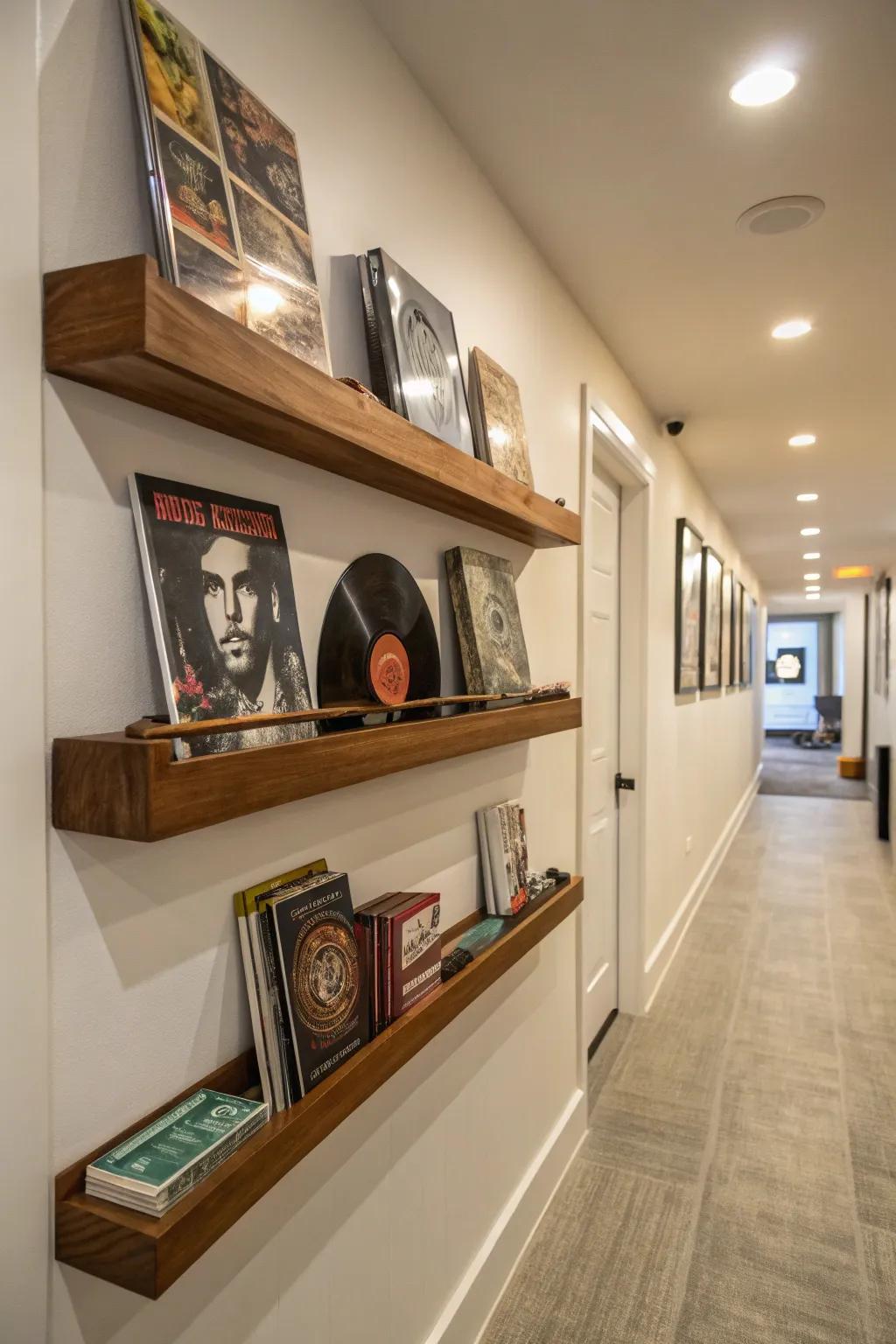 Floating shelves displaying vinyl records as if they were wall art.