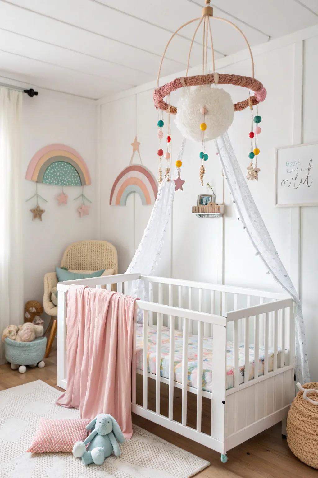 A white nursery is livened up by unforeseen elements.