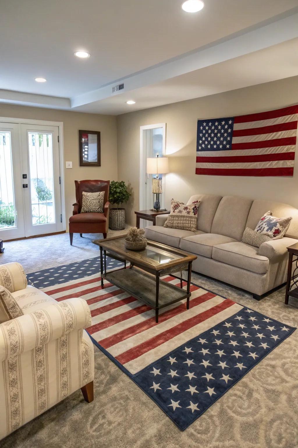 A flag-themed mat subtly improves this contemporary living space.