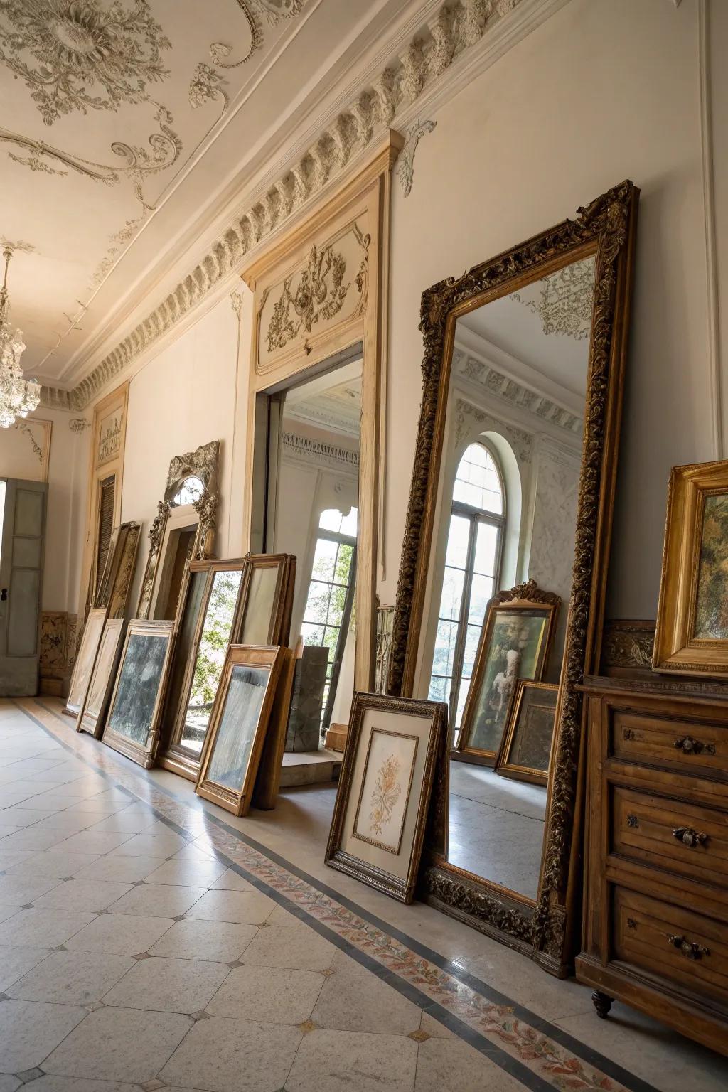 Vintage mirrors introduce sophistication and dimension.