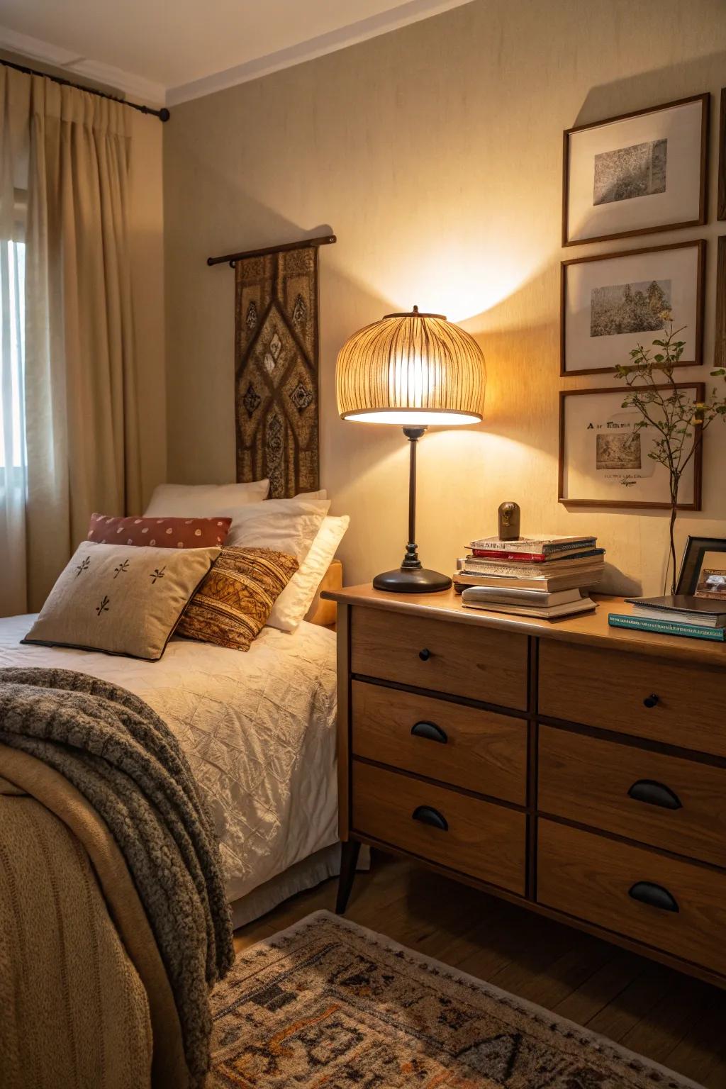 An apartment bedroom illuminated by the soft glow of warm lighting from a bedside lamp.