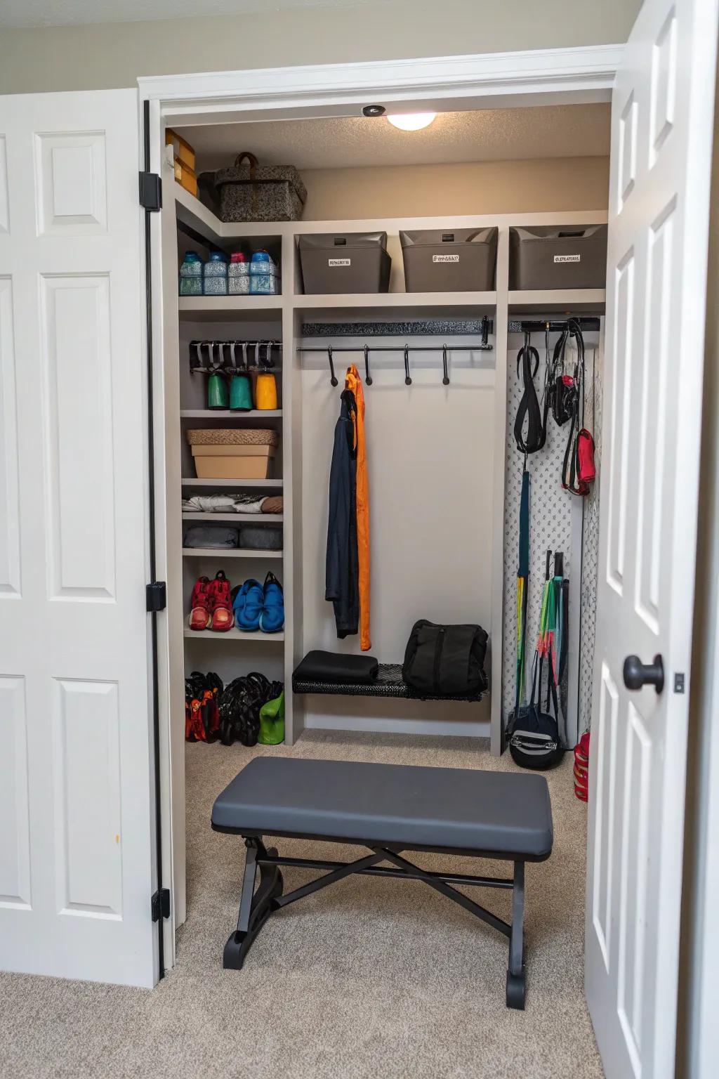 A closet gym provides hidden functionality.