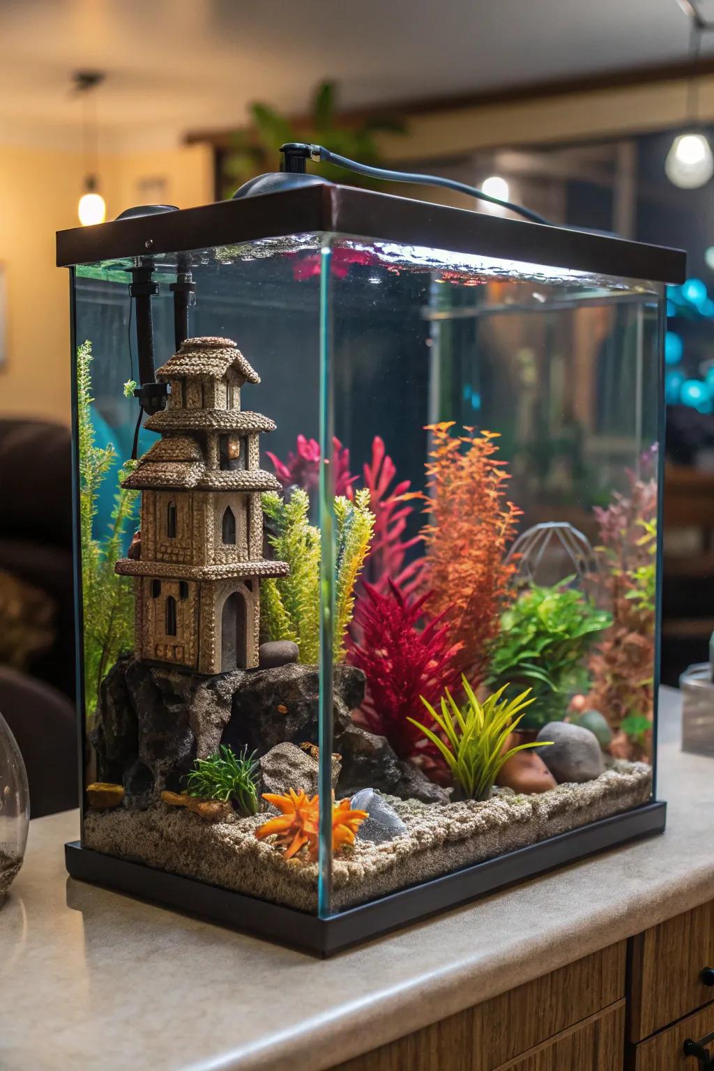 A vibrant fusion of vegetation and decor intensifies the tank's radiance.