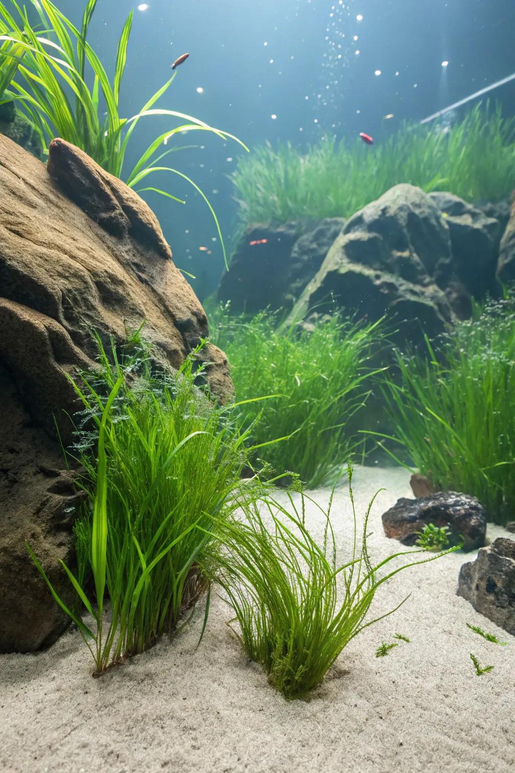Fashion a tranquil underwater meadow showcasing flowing grasses.