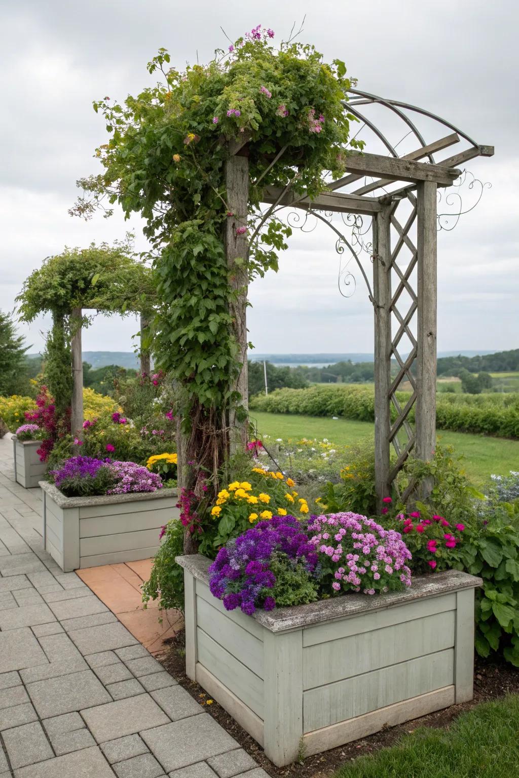 A dynamic arbor with excellent planter boxes filled with blooms.