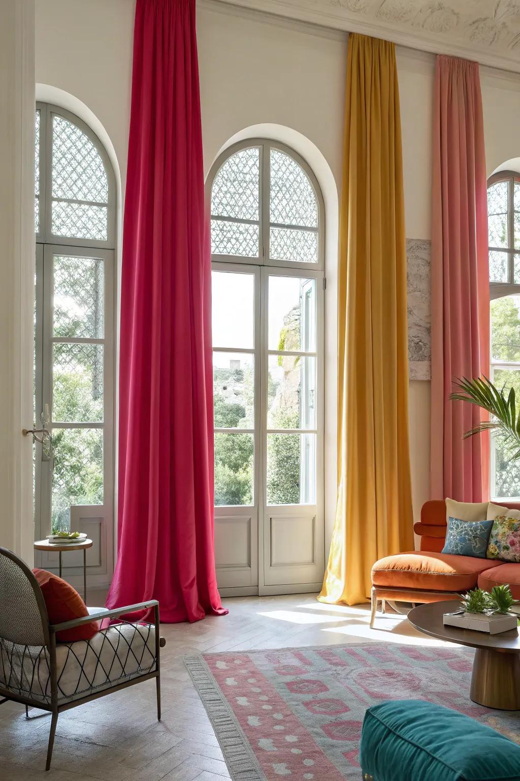 A vibrant contemporary chamber showcases bold hued curtains on arched windows.