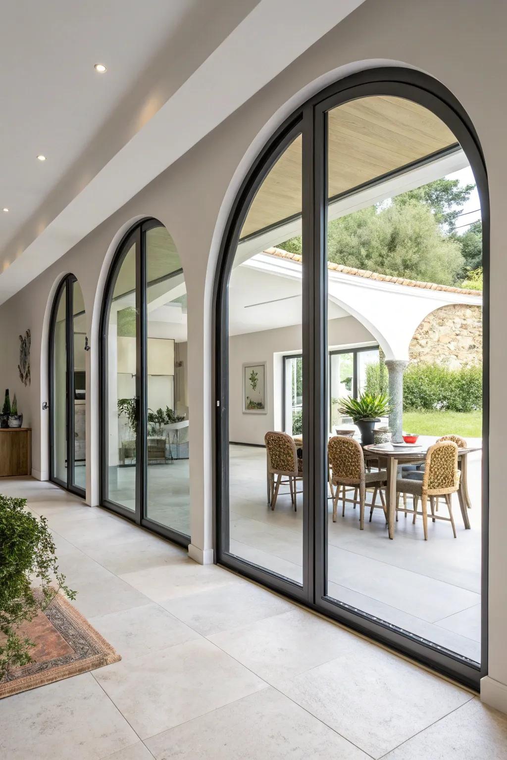 Innovative gliding gates flawlessly adjusted to arched apertures within a contemporary space.