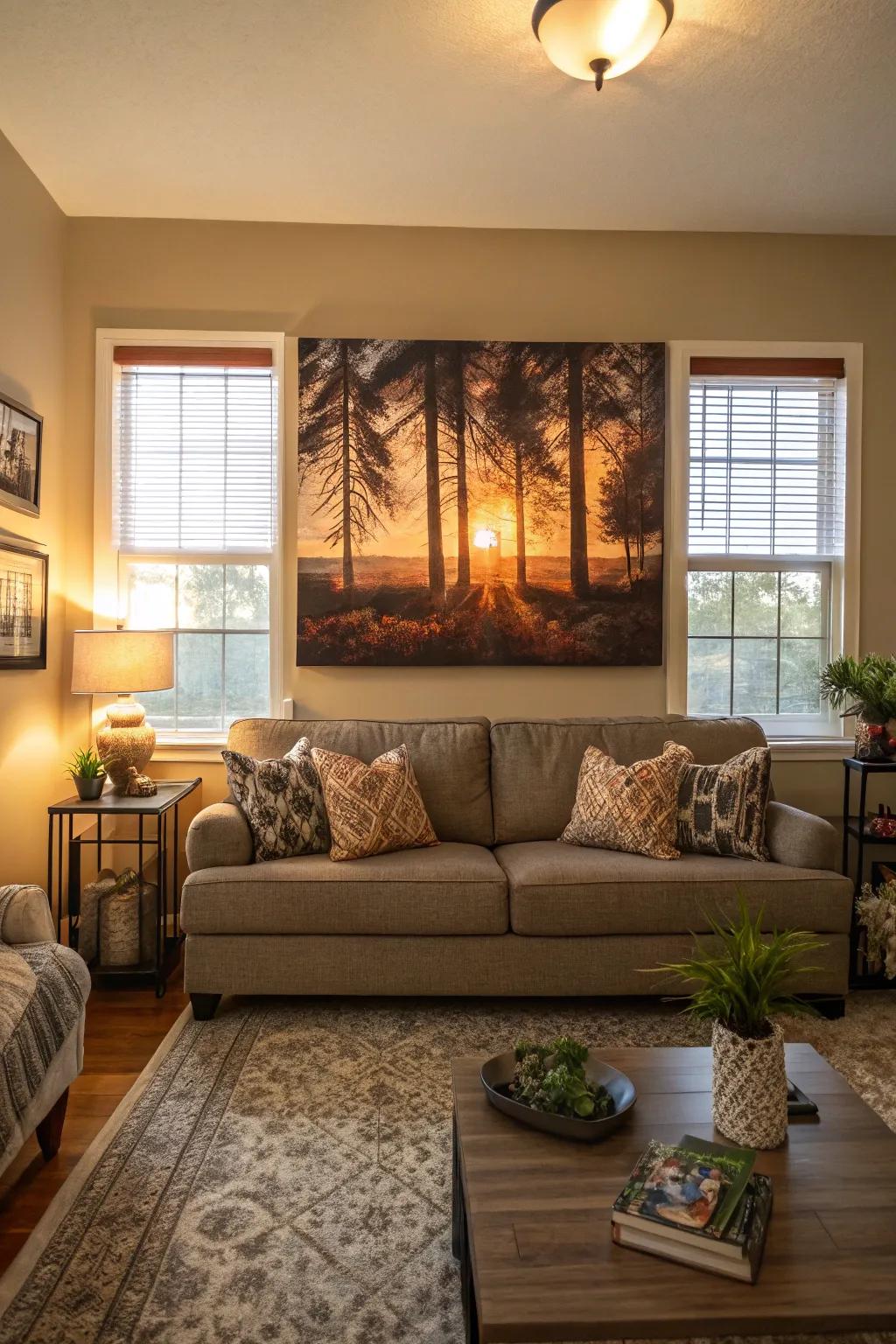 Art placed over furnishings creates a stunning focal point in any room.