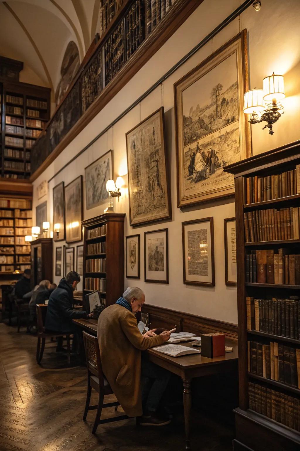 Historical-themed art enriches this intimate library.