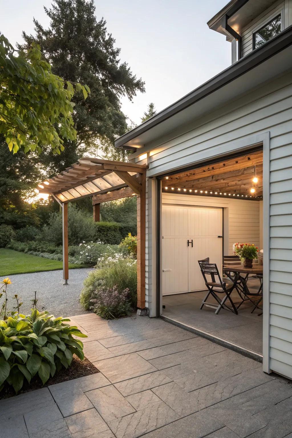 An outdoor living extension complementing the garage area.