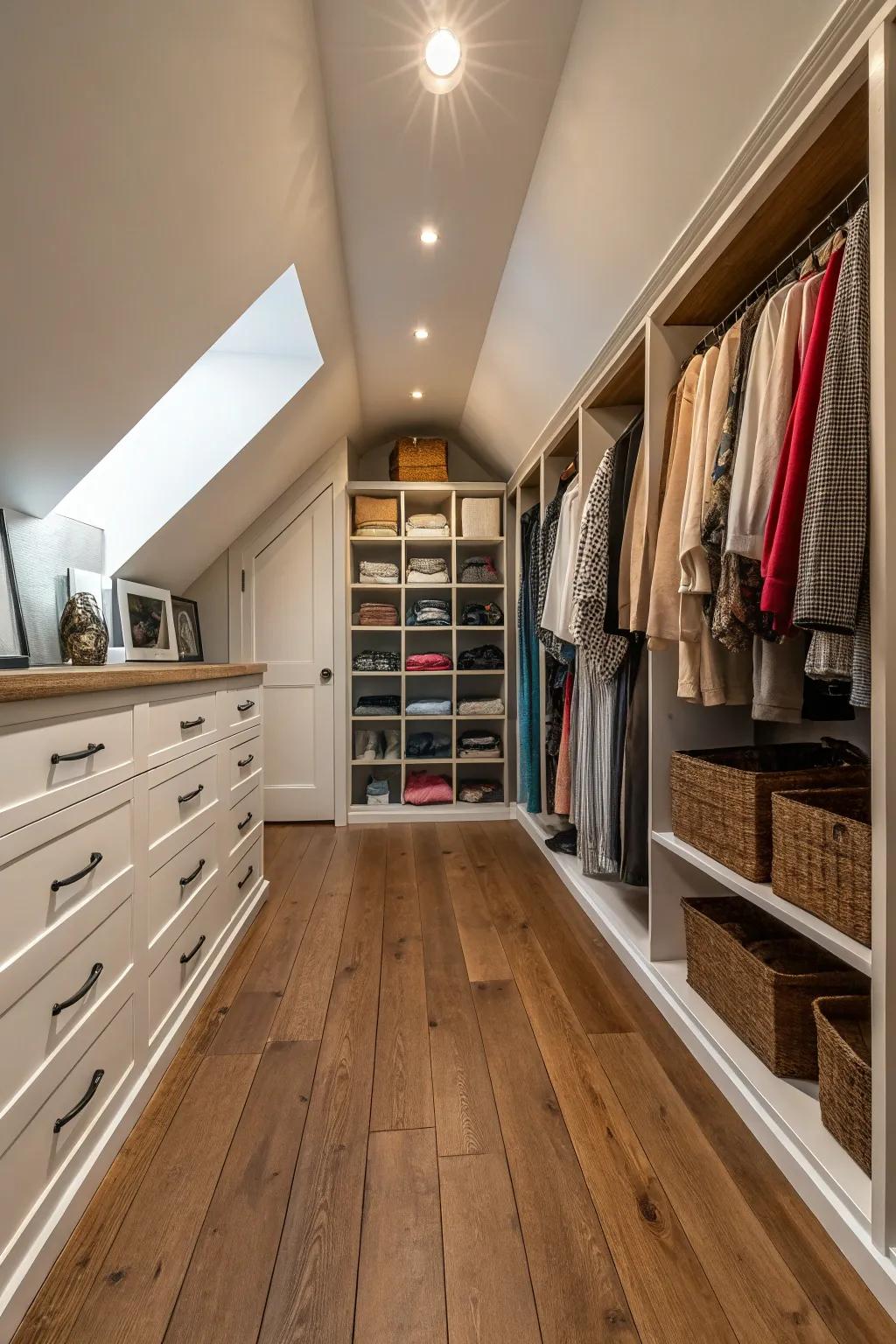 Stylish flooring enhances the attic closet's ambiance.