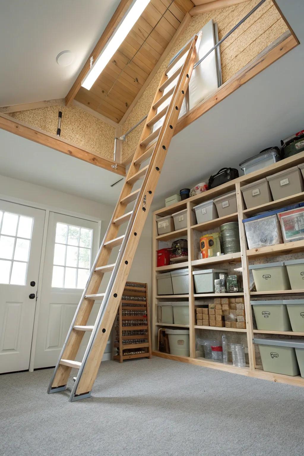 A fold-down ladder ensures straightforward and secure attic passage.