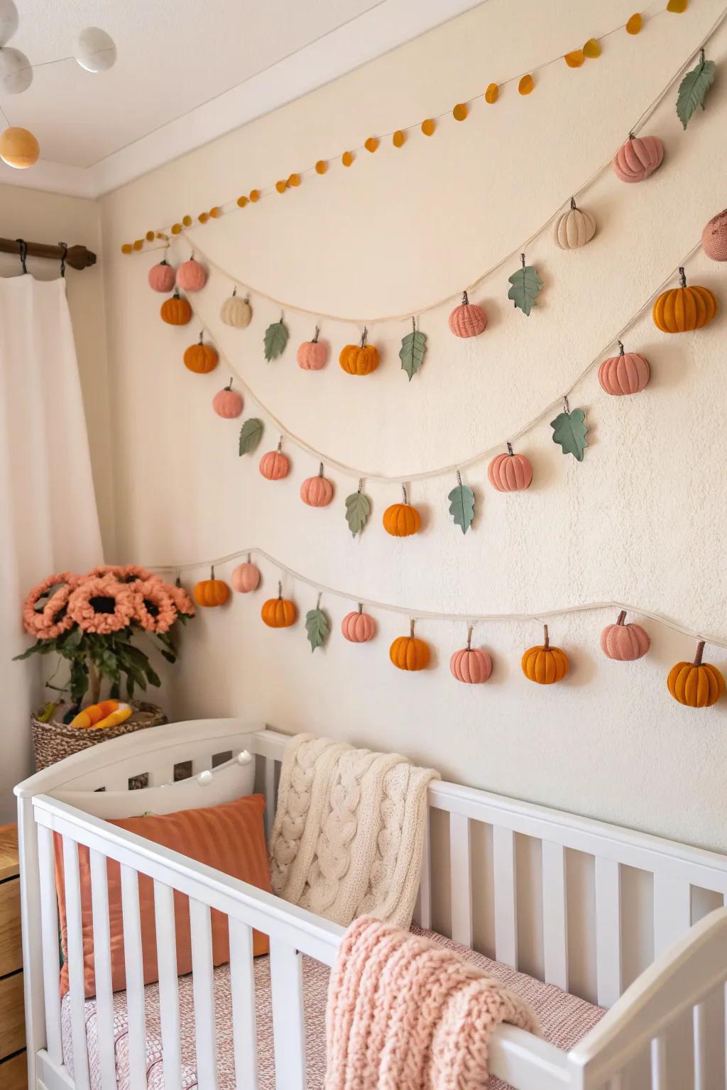 A pumpkin garland adds a festive flair to a nursery.
