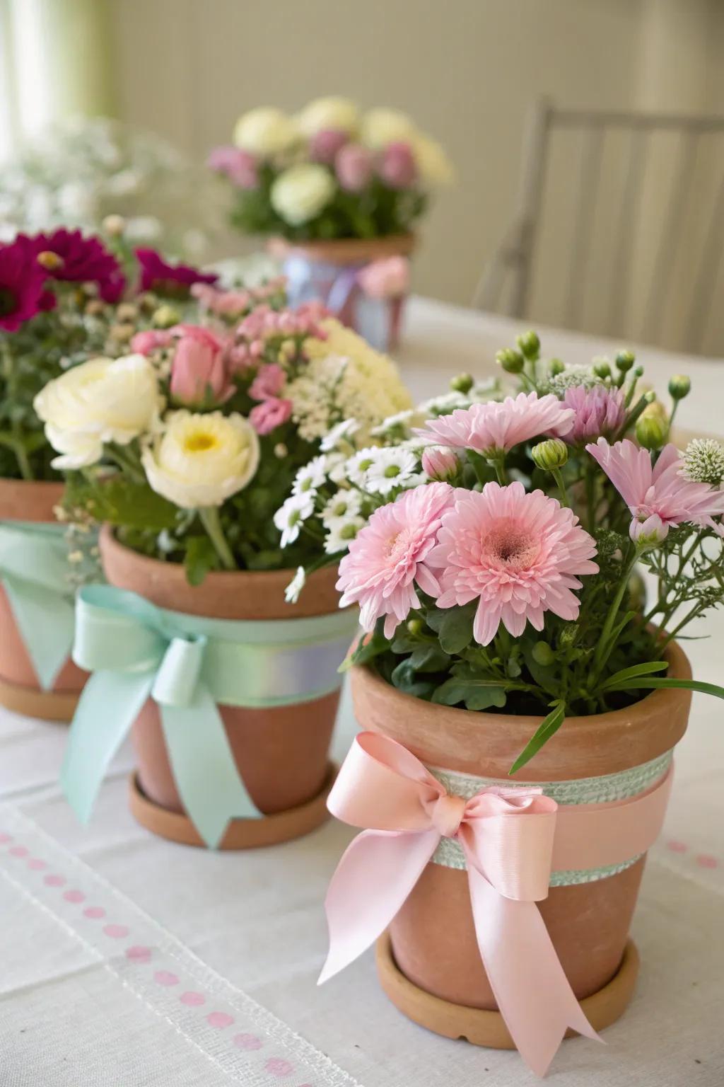 Vases adorned with ribbons present freshness and elegance.