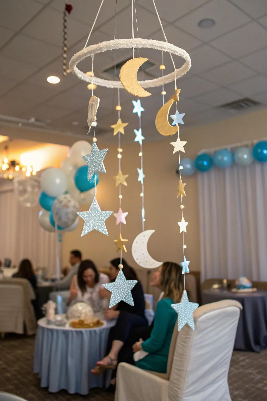 An inventive mobile featuring stars and celestial bodies introduces a magical accent to the baby shower adornment.