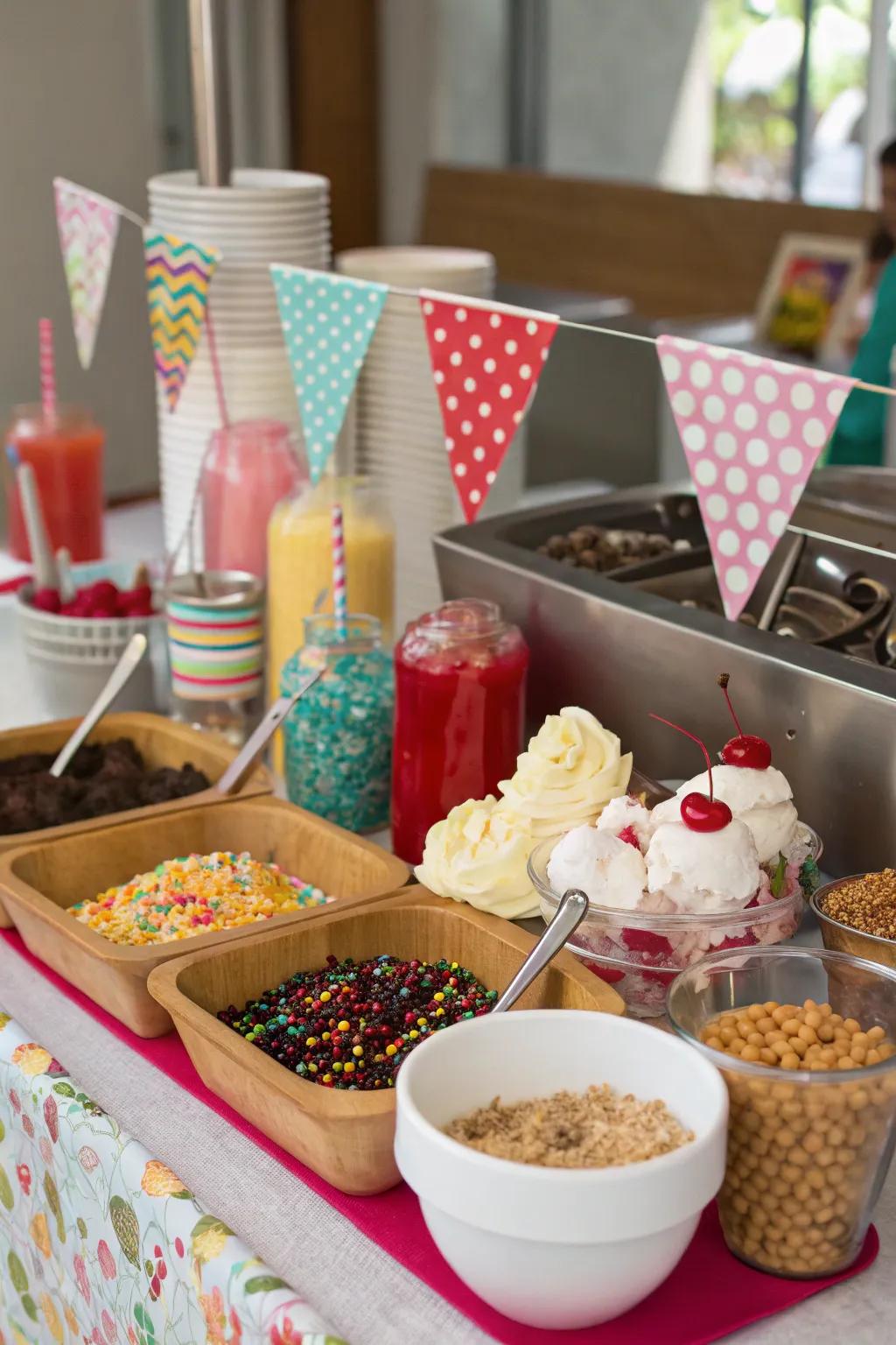 An icy indulgence station with a variety of toppings.
