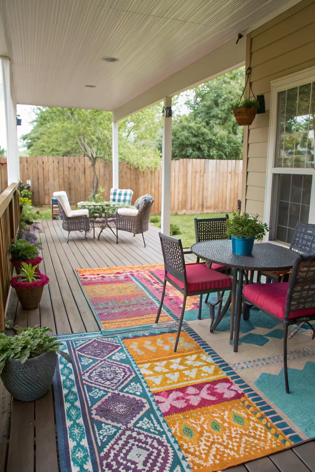 Define your porch zones using chic outdoor floor coverings.