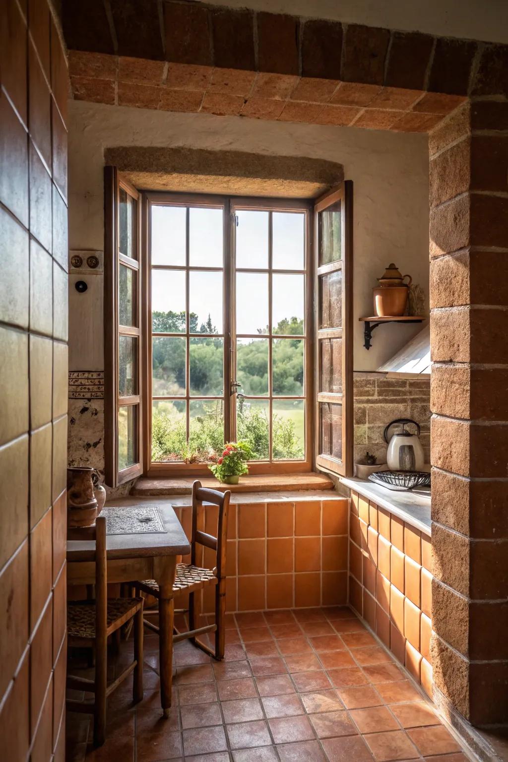 Earthenware panels bringing warmth around a kitchen window.