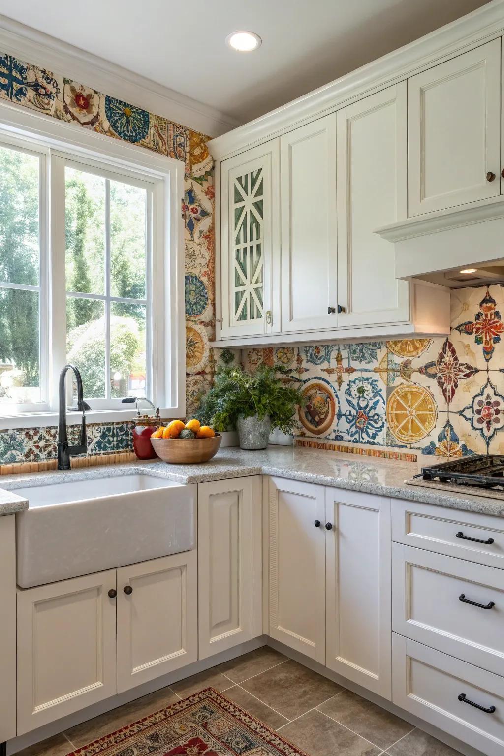 Hand-painted panels contribute a unique creative essence to this white kitchen.