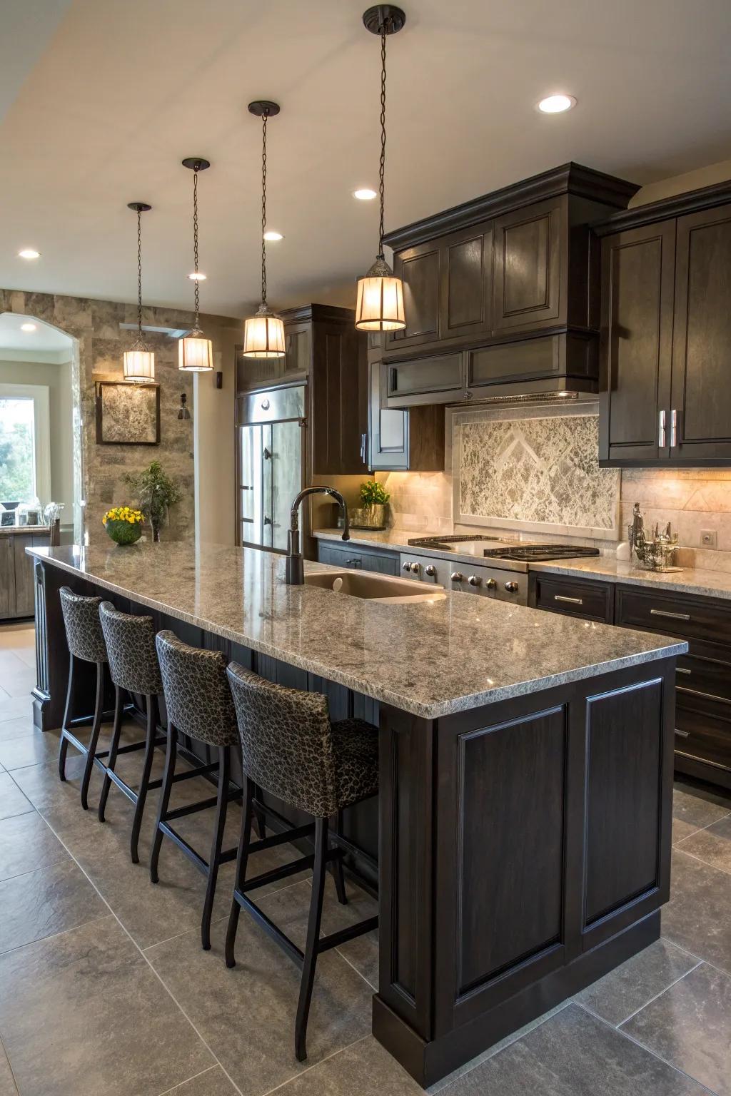 A cohesive kitchen design is created through island integration.
