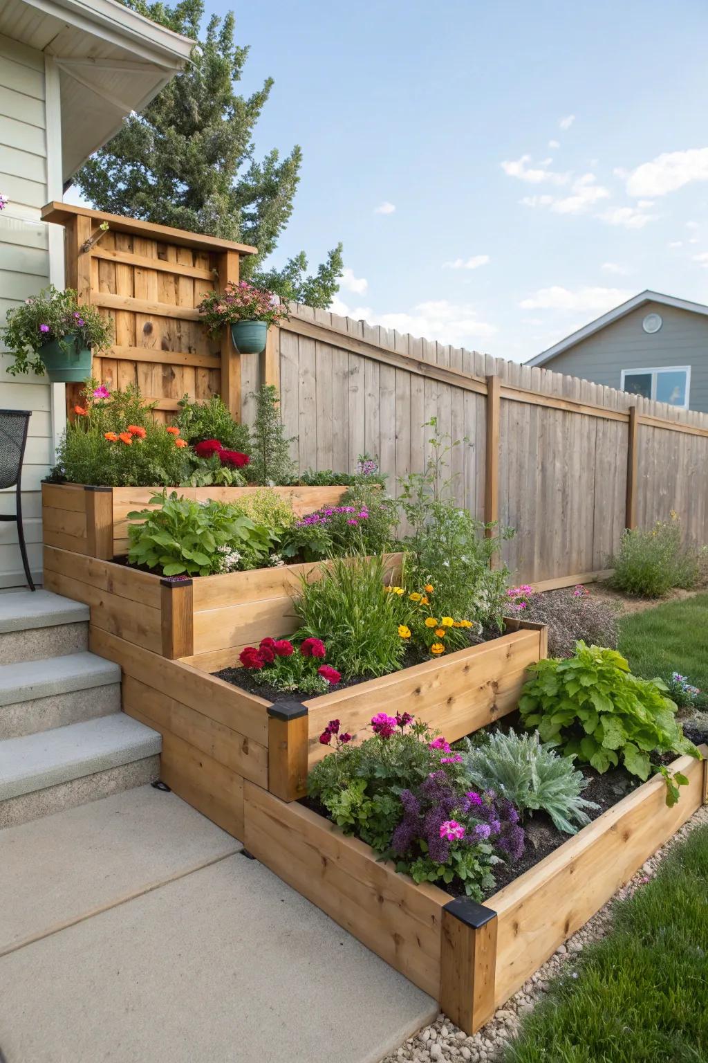 Tiered planters maximize area and visual fascination.
