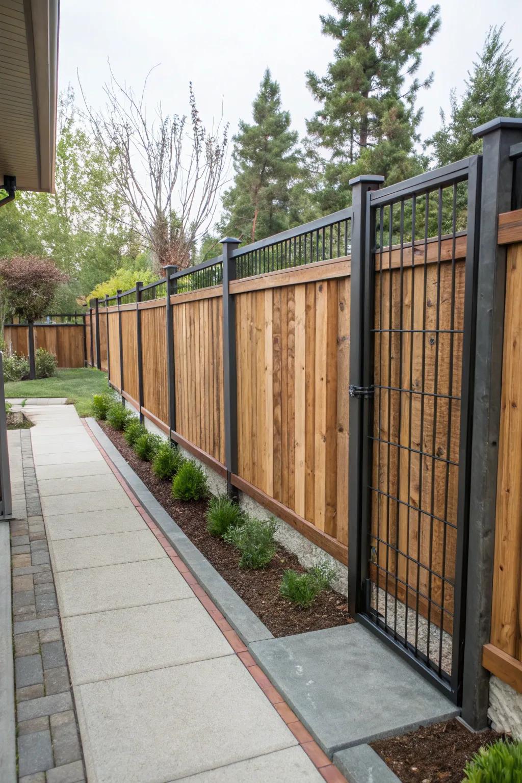 Mixing wood and steel creates a unique textured fence.