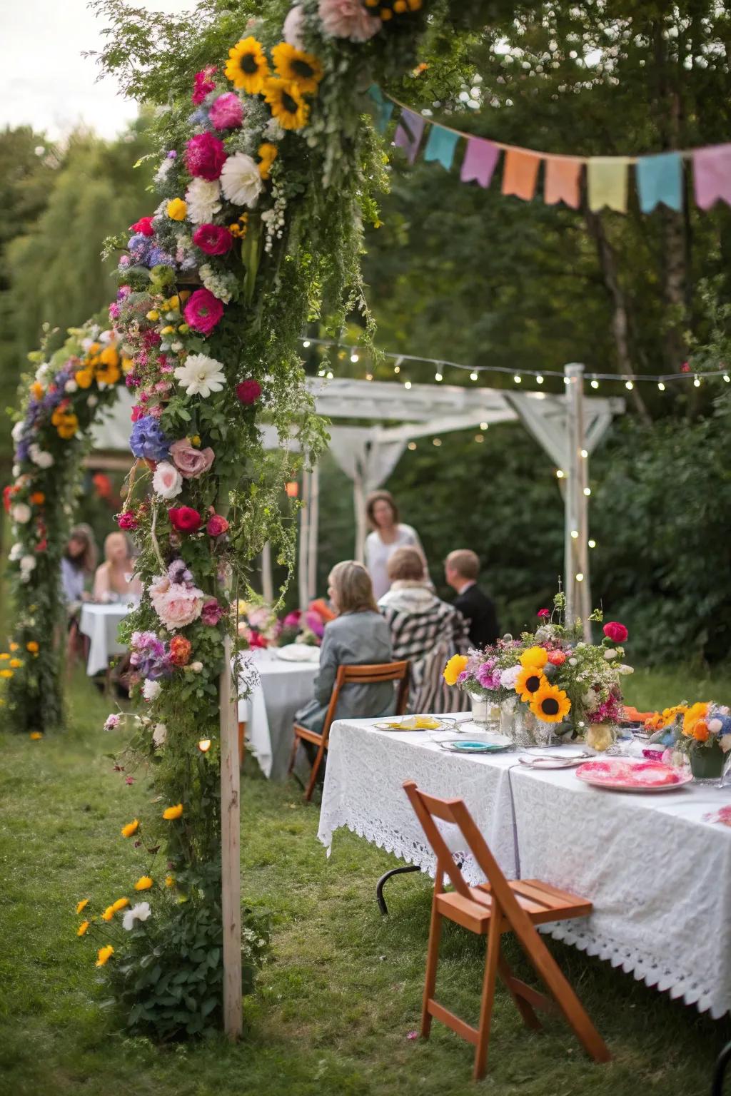 Do It Yourself flower strands add a rustic appeal to the garden party.
