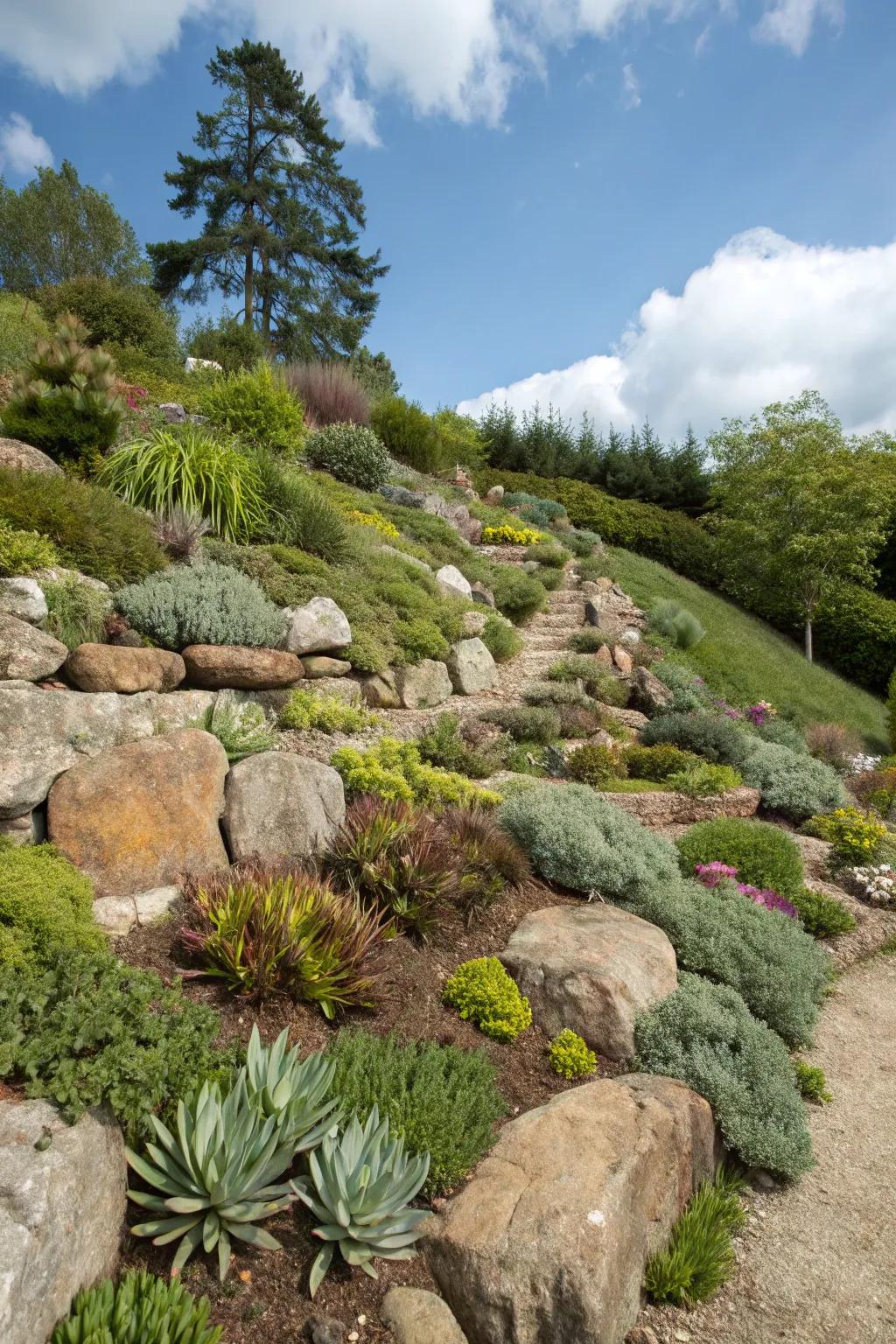 Rock gardens offer a stunning approach to harnessing a hill’s natural attributes.