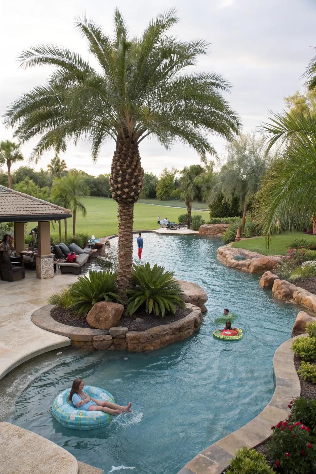 A tropical island getaway within a meandering pool.