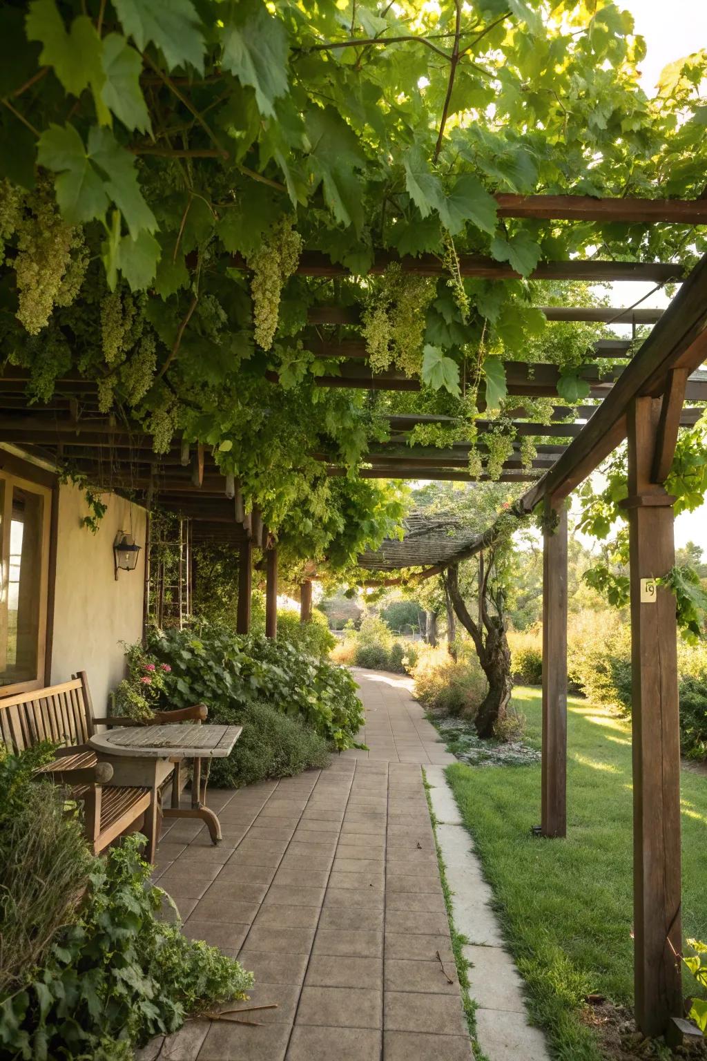A vine-adorned patio cover creates an idyllic escape.