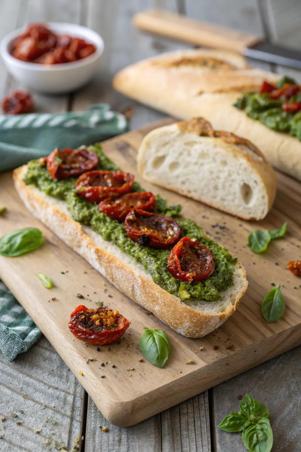 Pesto and sun-dried tomatoes bring a burst of Italian flavor to your baguette.