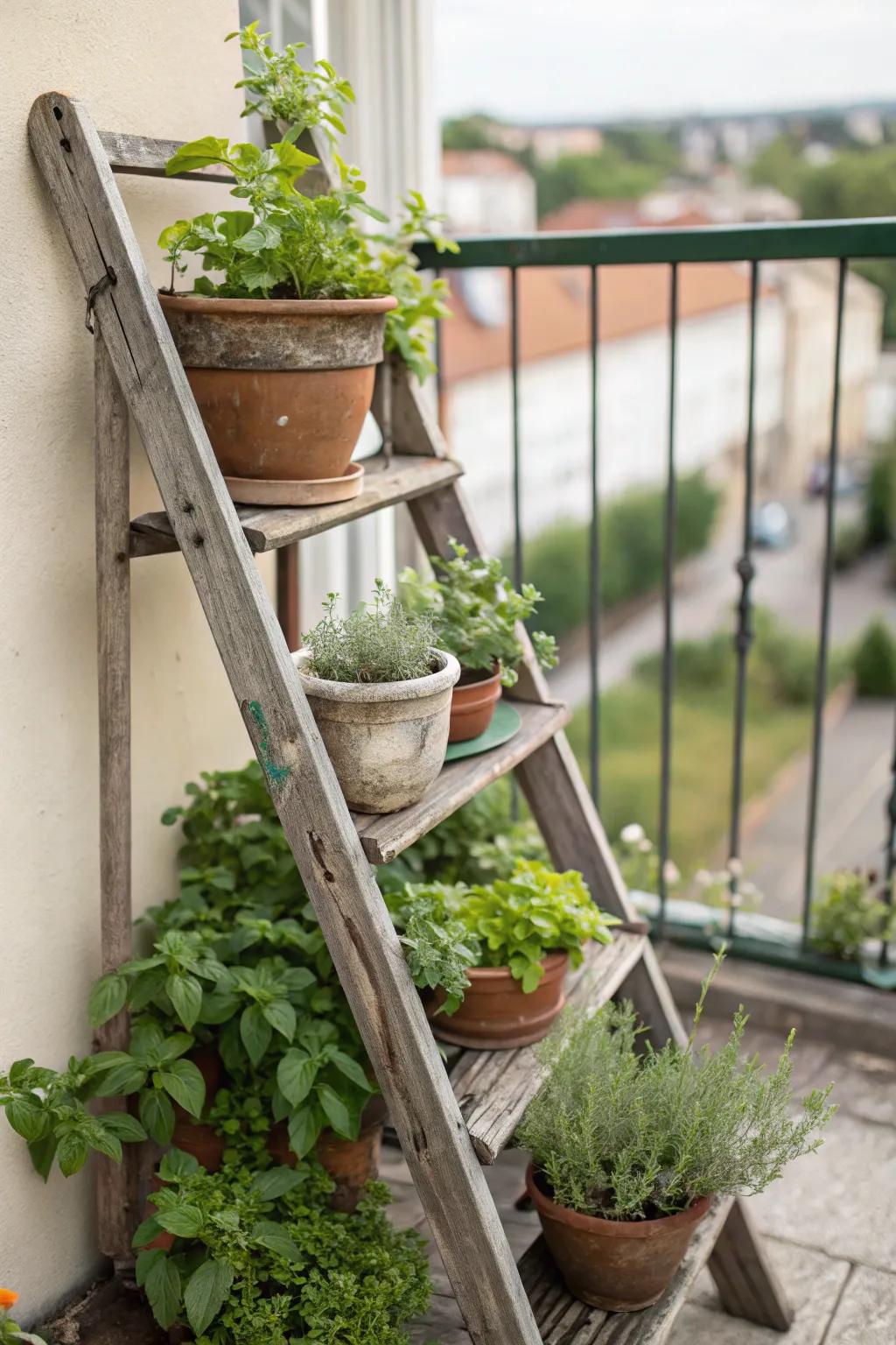 A repurposed step display adds height and charm to your herb garden.