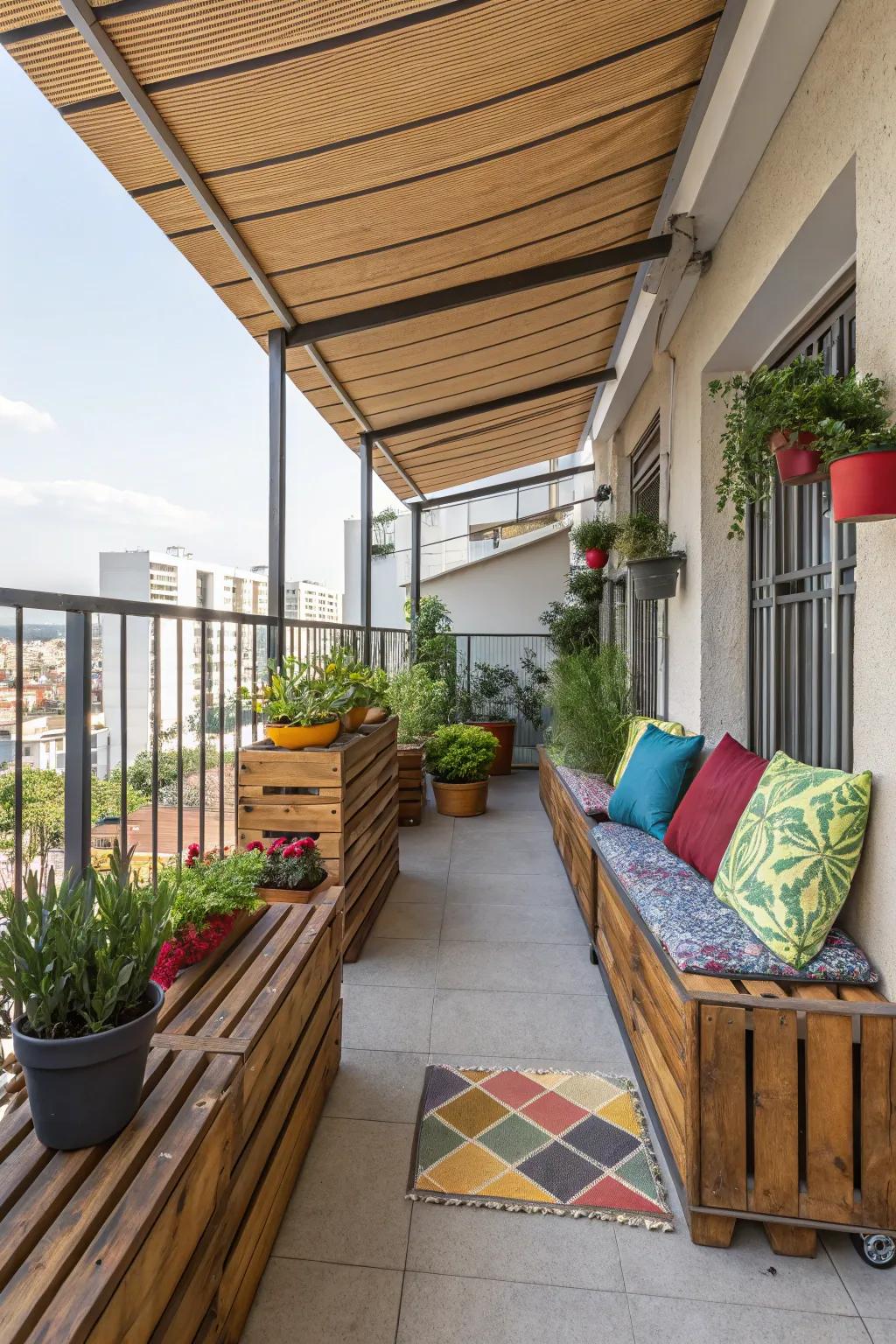 An eclectic mix of textures and colors providing shade on a balcony.