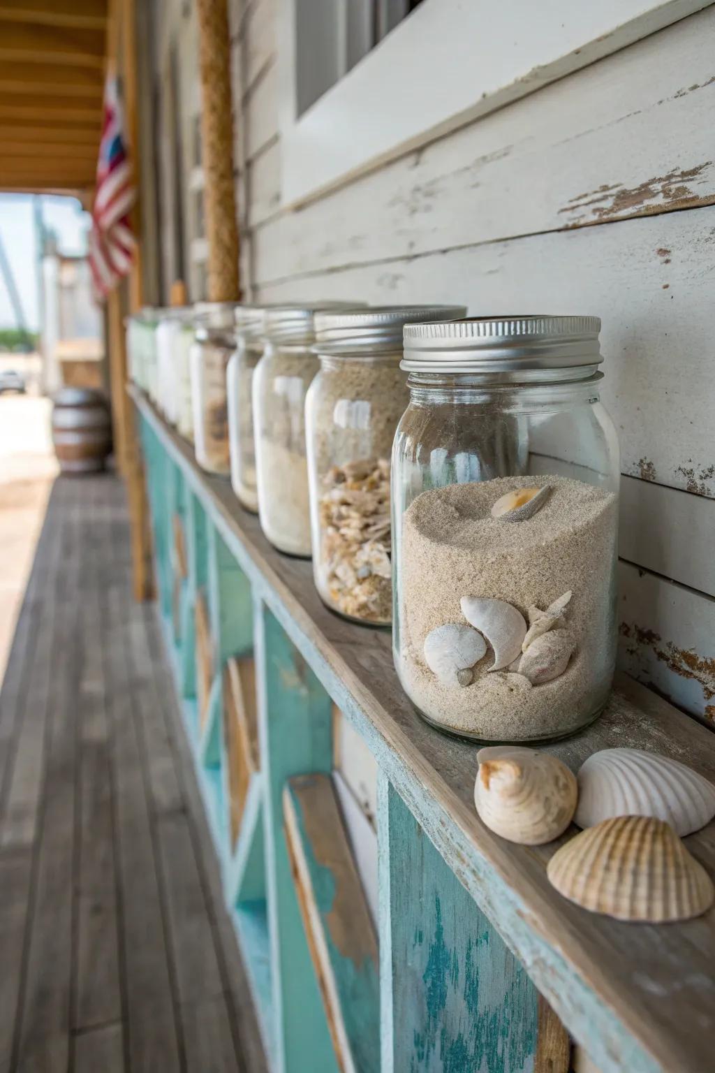 Beach-inspired design utilizing preserving jars brings a coastal vibe inside.