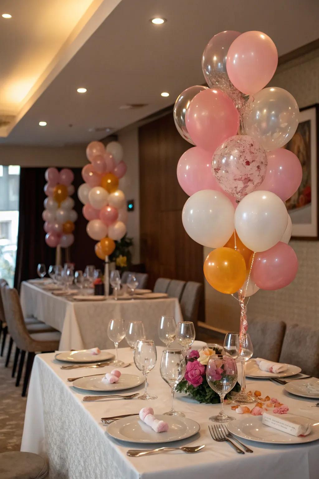 Sophisticated balloon accents enrich any tabletop arrangement.