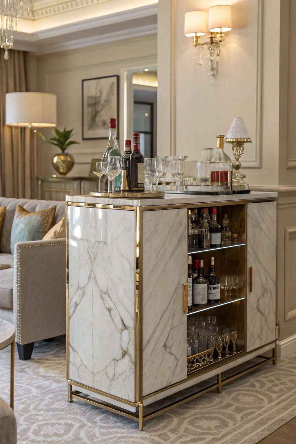 Luxurious elegance with marble and metallic accents.